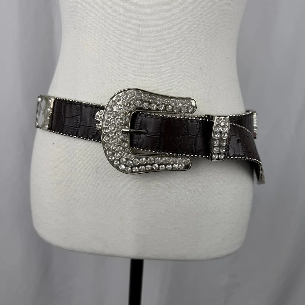 Womens Silver Rhinestone Western Belt Womens M Brown Leather Croc Embossed Bling